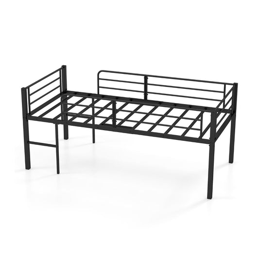 Single Size Low Loft Bed Metal Bed Frame with Safety Guardrails and 2 Ladders-Black
