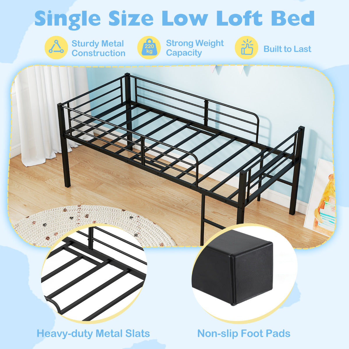 Single Size Low Loft Bed Metal Bed Frame with Safety Guardrails and 2 Ladders-Black