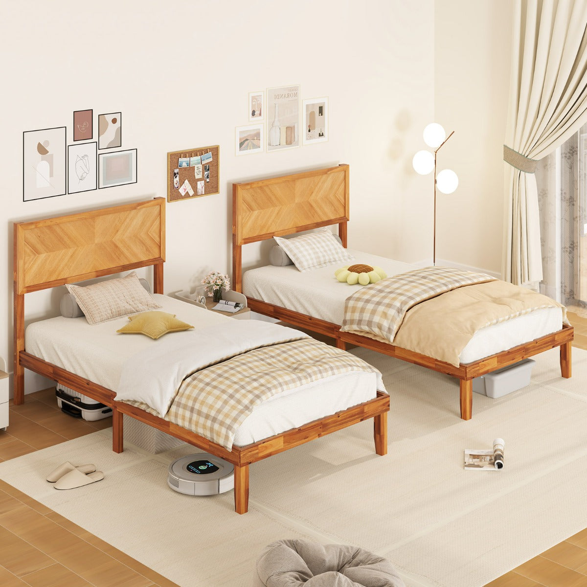 Single/King Size Mid-Century Acacia Wood Bed Frame with Headboard-Single Size