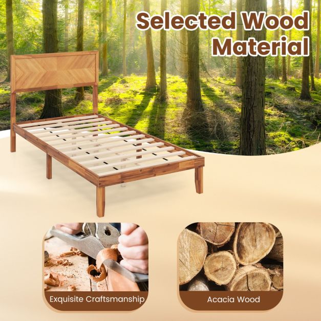 Single/King Size Mid-Century Acacia Wood Bed Frame with Headboard-Single Size
