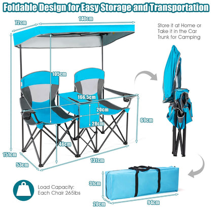 Double Folding Camping Chair with Canopy and Armrests-Blue