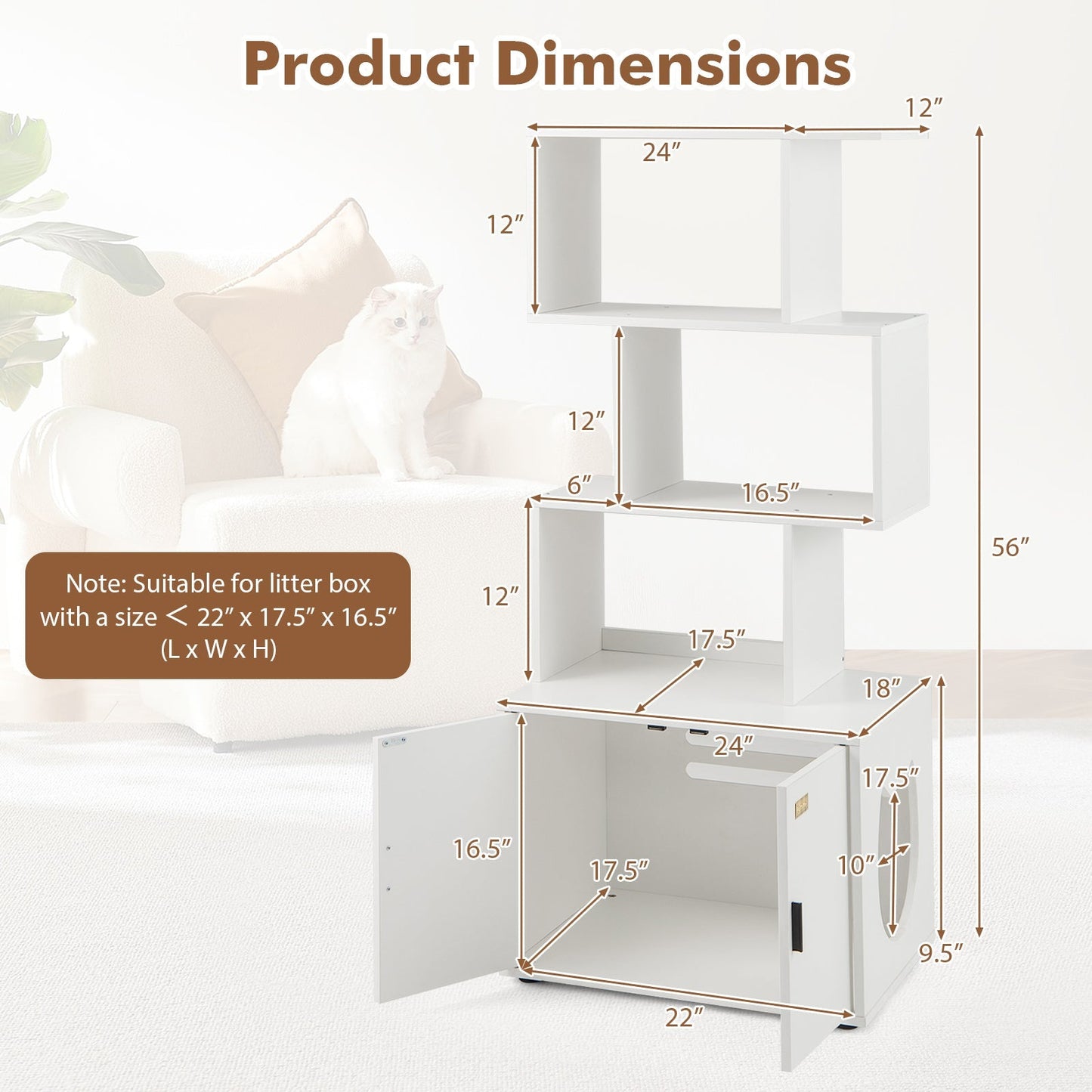 2-in-1 Hidden Cat Litter Box Enclosure with 3 Open Shelves-White