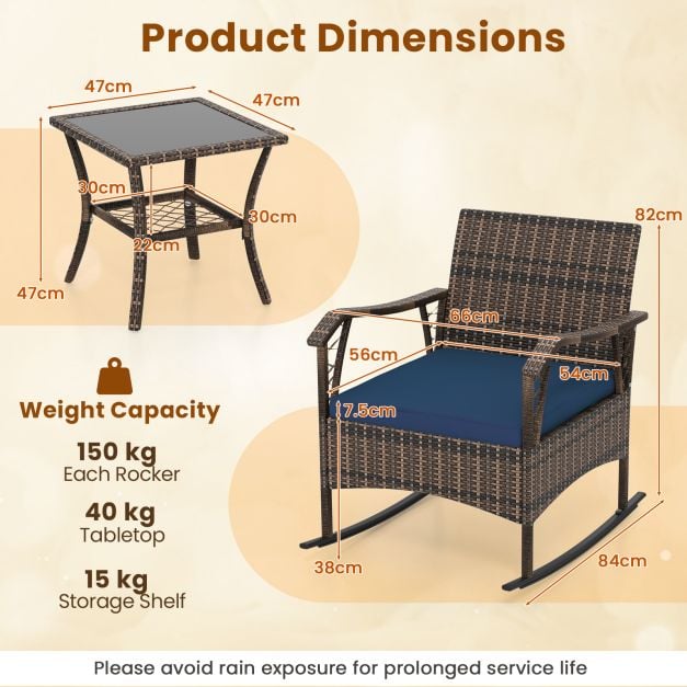 3 Pieces Rocking Bistro Set with Cushions for Porch-Navy