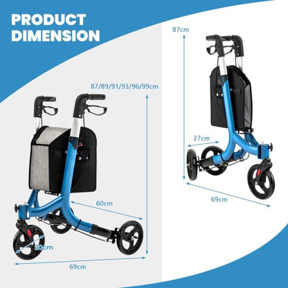 3-Wheel Rolling Walker with Adjustable Handle-Blue
