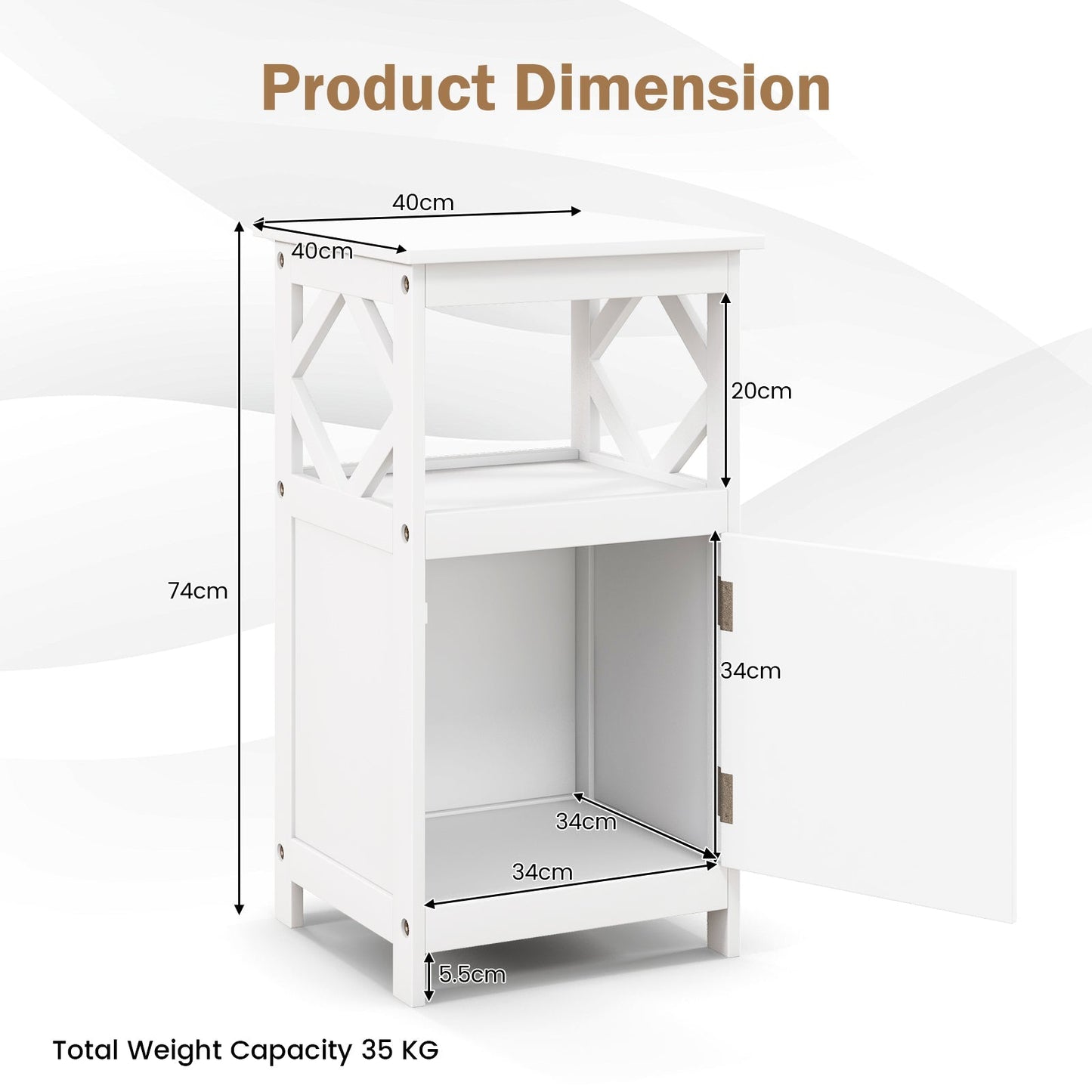 Bathroom Floor Cabinet with Open Compartment and Single Door-White
