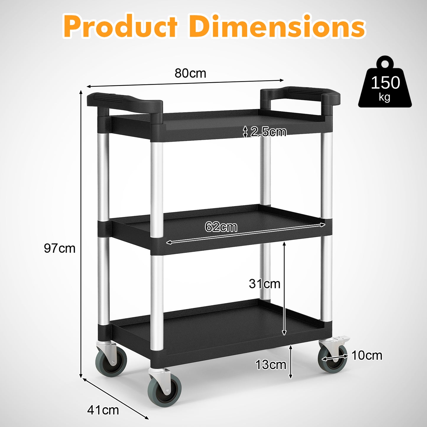 3-Tire Metal Rolling Cart with Lockable Universal Wheels
