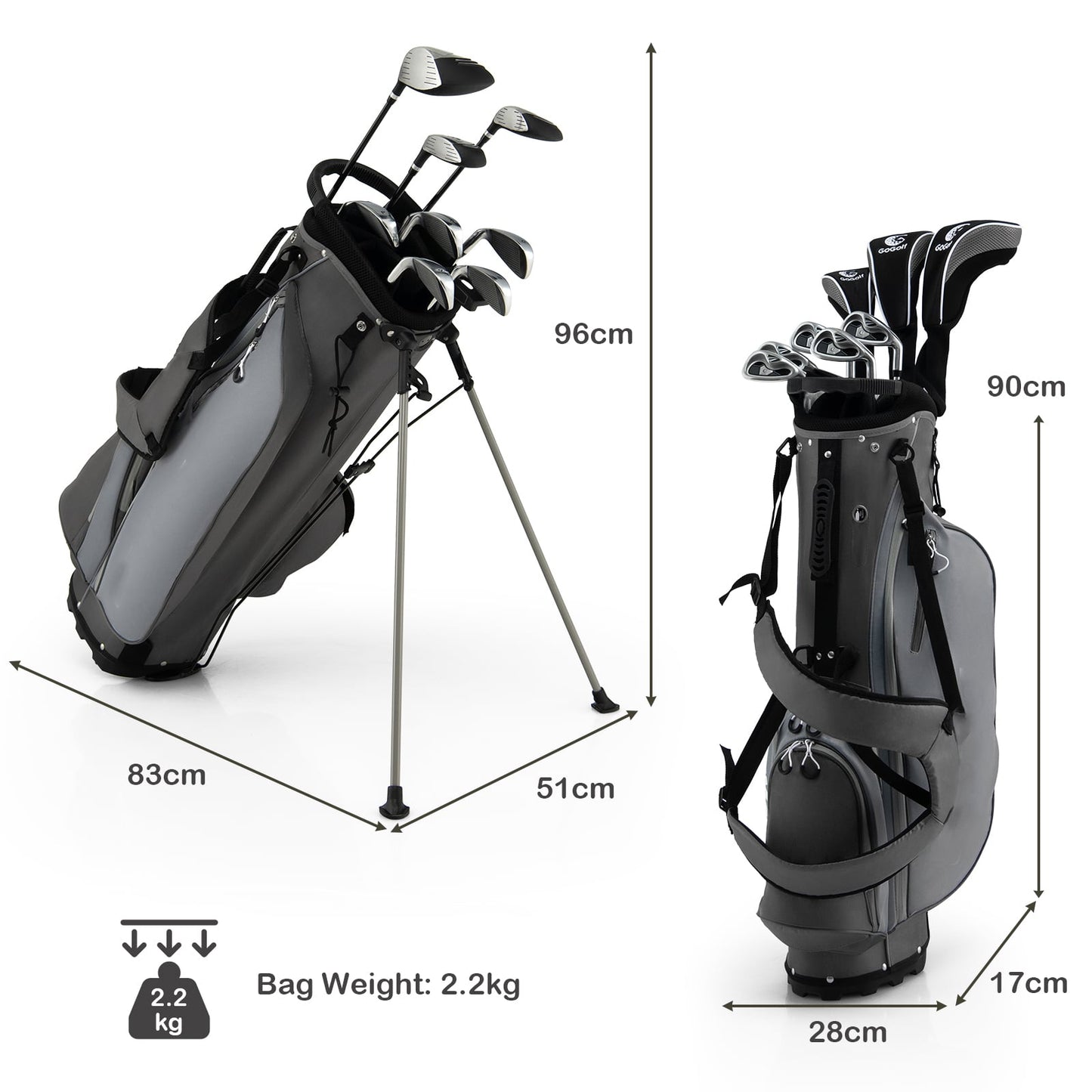 Men's Complete Golf Clubs Package Set 10 Pieces-Grey