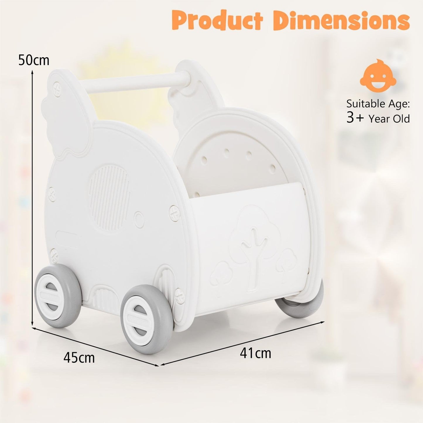 Baby Walker Push Toy 4-Wheel Toddler Toy Cart Elephant Shape-White