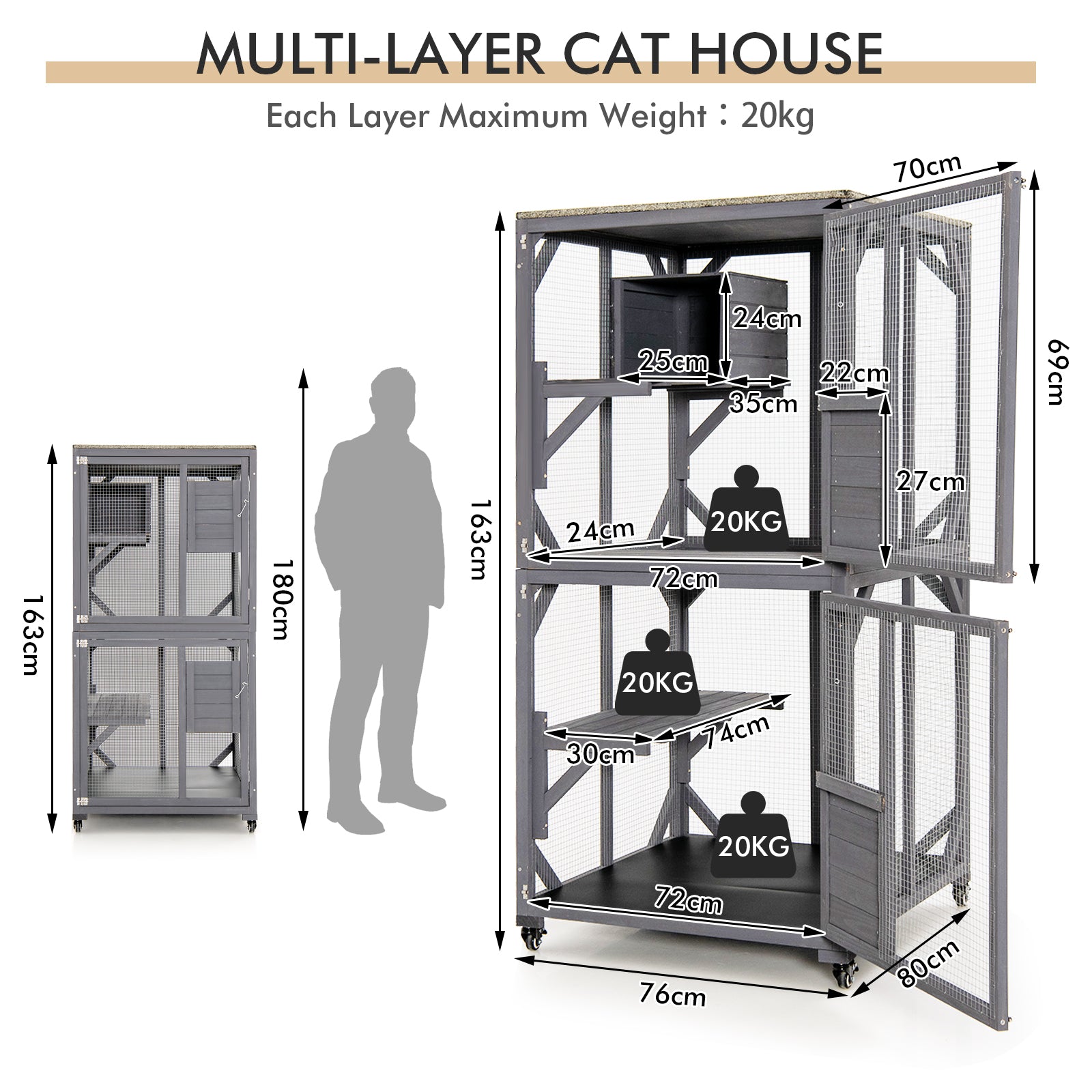 Wooden Cat House with Asphalt Roof and Large Front Door-Grey