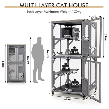 Wooden Cat House with Asphalt Roof and Large Front Door-Grey