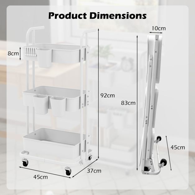 3-Tier Rolling Cart with 3 Hanging Cups and 6 Hooks-White