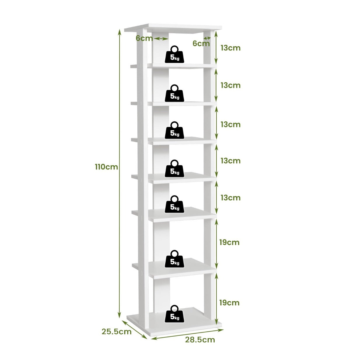 Wooden Vertical Shoe Rack with 7 Shelves-White