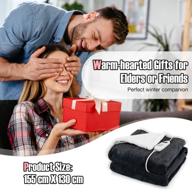 154 x 130 CM Reversible Electric Heated Blanket with 10 Heat Settings-Dark Grey