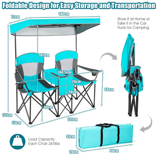 2-Person Folding Canopy Chairs with Sun Shade for Beach