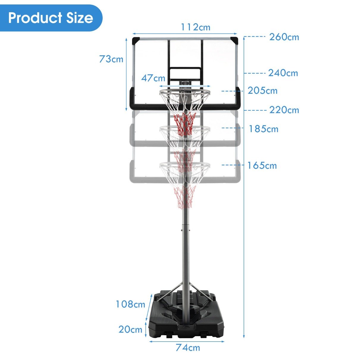 Portable Basketball Hoop with Metal Frame for Teenagers and Adults-Black