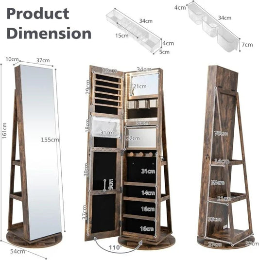 360-Degree Mirrored Jewelry Armoire with 3-Color Auto-on LED Lights-Rustic Brown