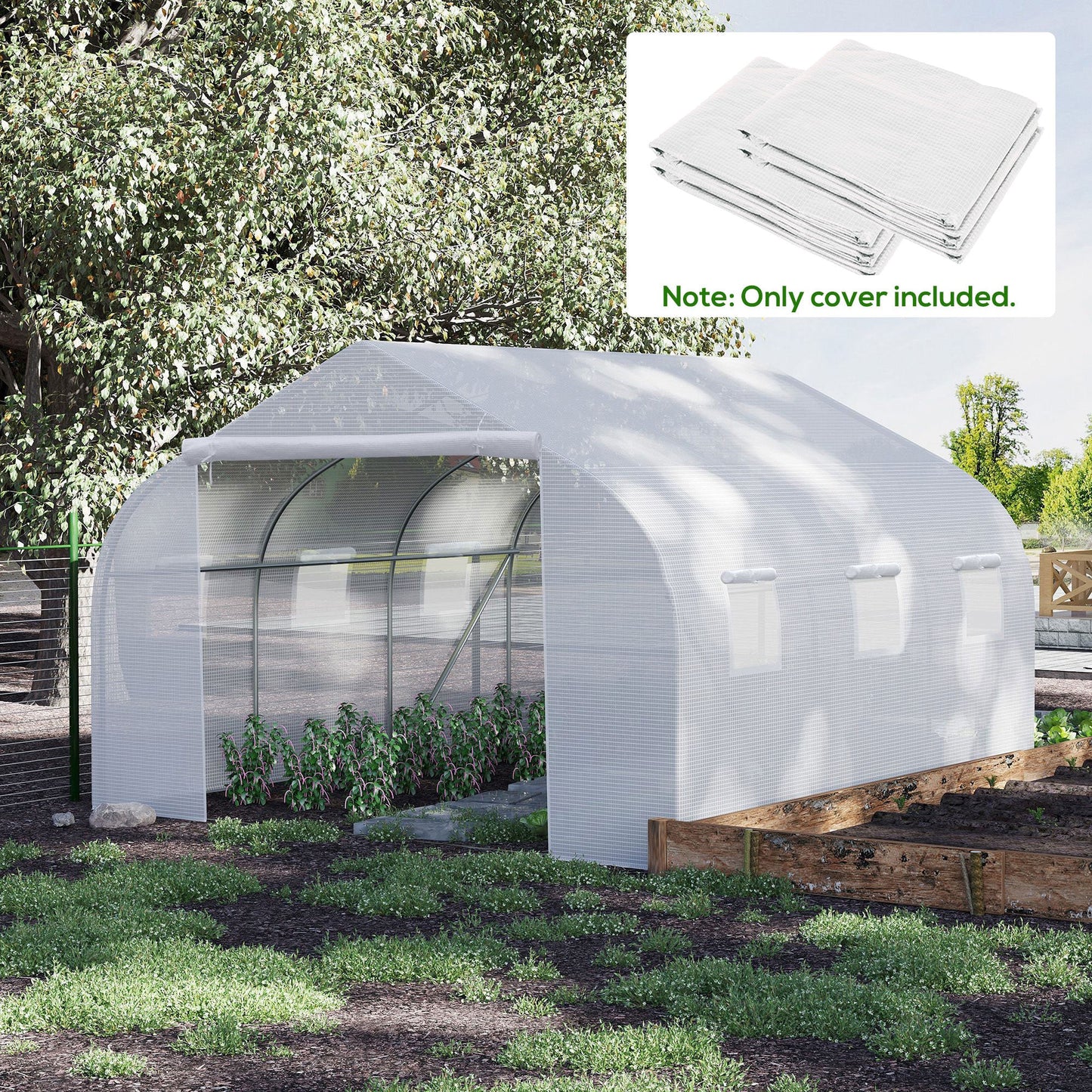Szklarnia tunelowa Outsunny Walk-In z wymienną osłoną, zewnętrzna szklarnia z osłoną z PE, drzwiami rolowanymi i 6 oknami, 4,5 x 3 x 2 m, biała