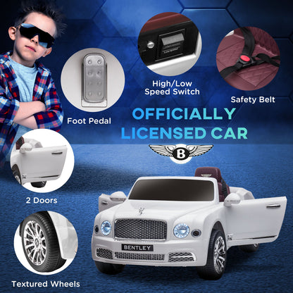 HOMCOM Bentley Mulsanne Licensed Kids Electric Ride-On Car, with Remote Control. LED lights, Music - White