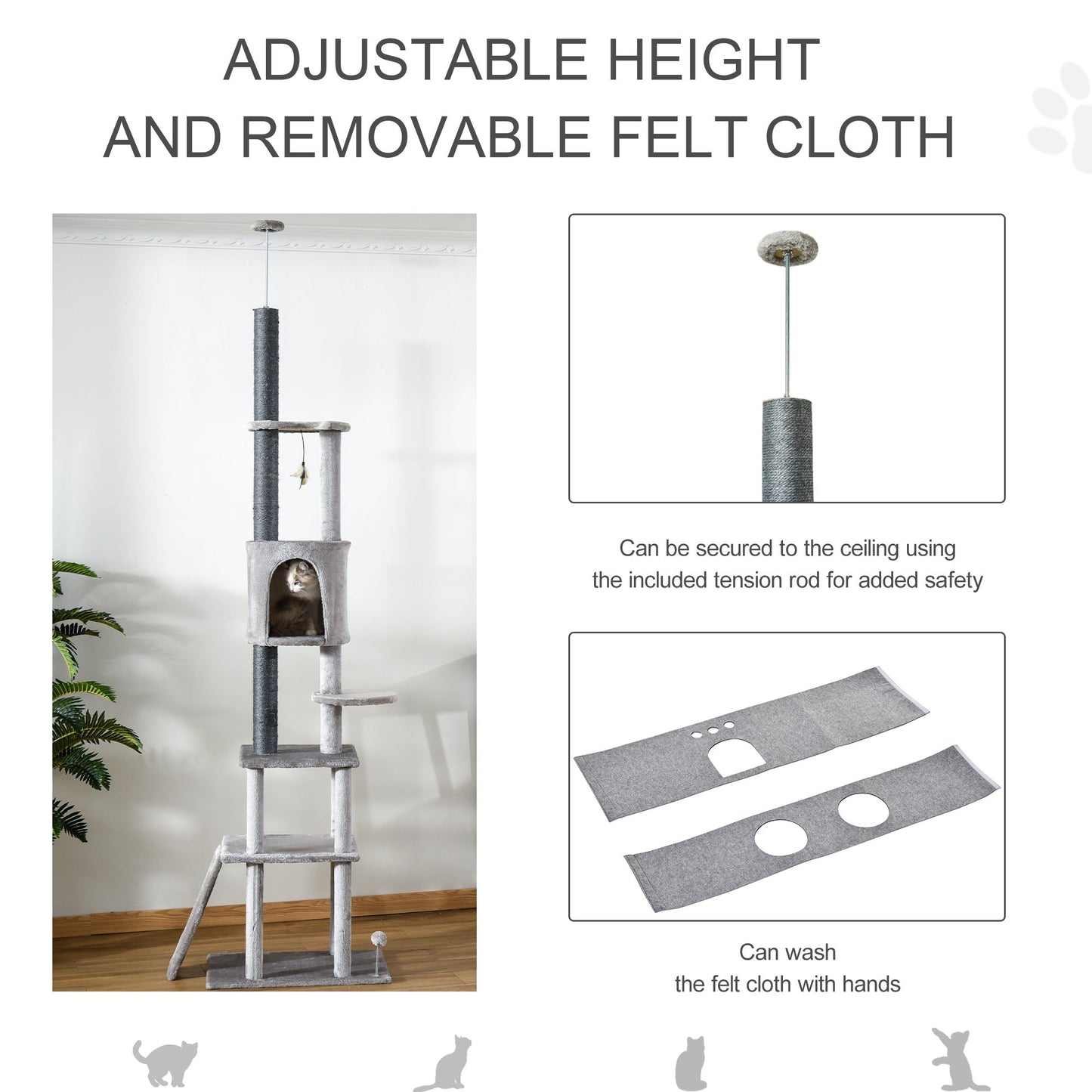 PawHut 255cm Floor To Ceiling Cat Tree for Indoor Cats Climber Scratching Post Adjustable Height Play Tower Removable Cover Grey