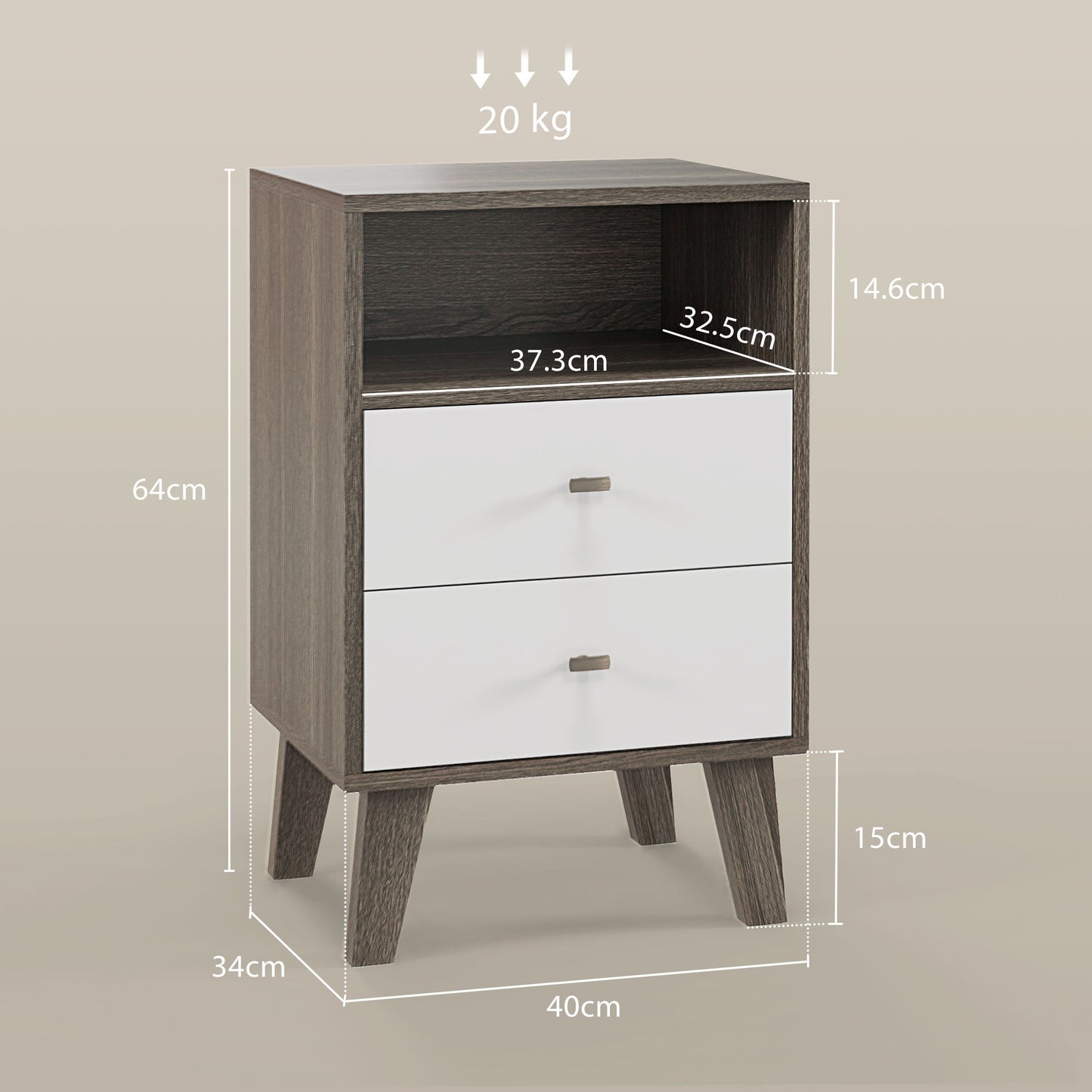 HOMCOM Industrial-Scandinavian Mix Bedside Table, with Drawers and Shelf