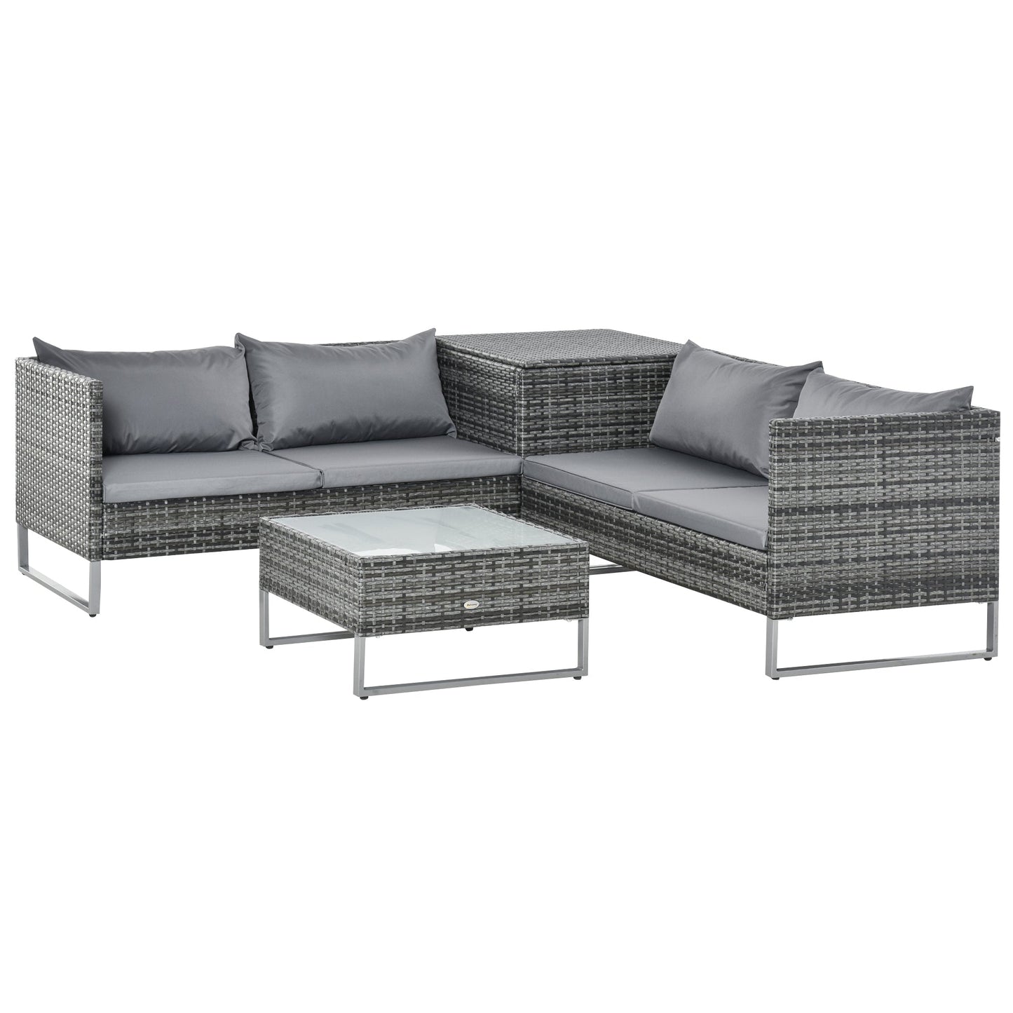 Outsunny 4 Piece Garden Rattan Wicker Outdoor Furniture Patio Corner Sofa Love Seat and Table Set  with Cushions Side Desk Storage - Mixed Grey