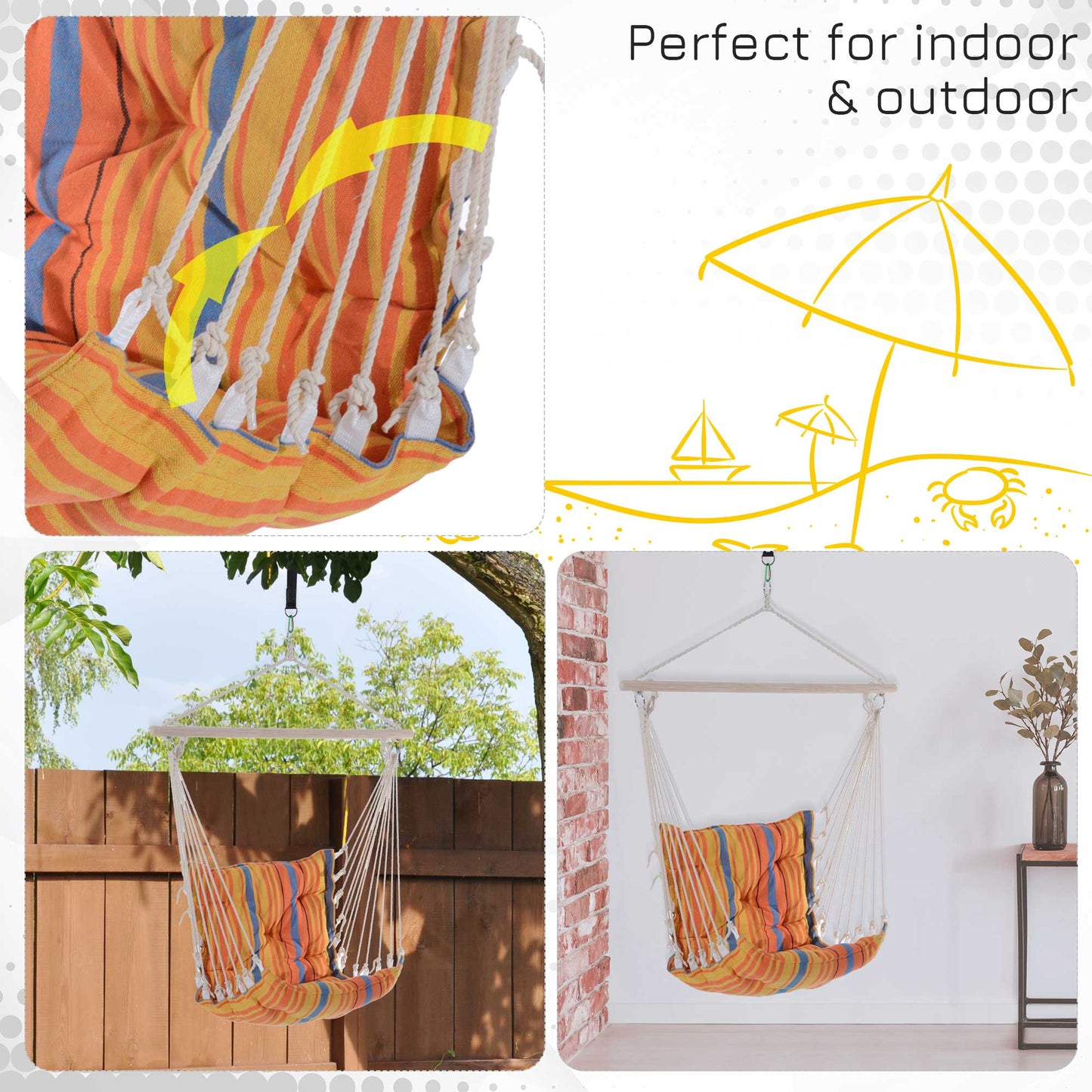 Outsunny Hanging Hammock Chair Cotton Rope Cushioned Chair Garden Yard Patio Swing Seat Wooden Cotton Cloth, Orange