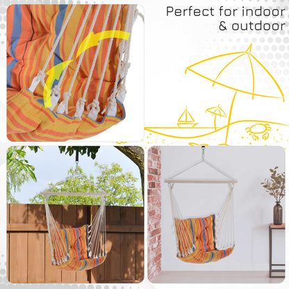 Outsunny Outdoor Hanging Rope Chair with Soft Padded Seat & Backrest, Garden Hammock Chair with Wooden Support Bar Cotton Cloth, Portable Garden Chair for Patio & Tree, Orange