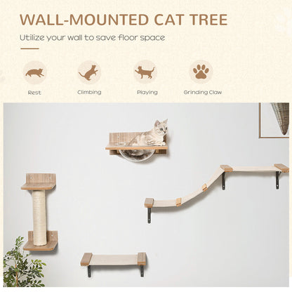 PawHut 4PCs Wall-mounted Cats Climbing Shelf Set Cat Tree Kitten Perch Activity Center with Hammock Scratching Post Jumping Platform Brown