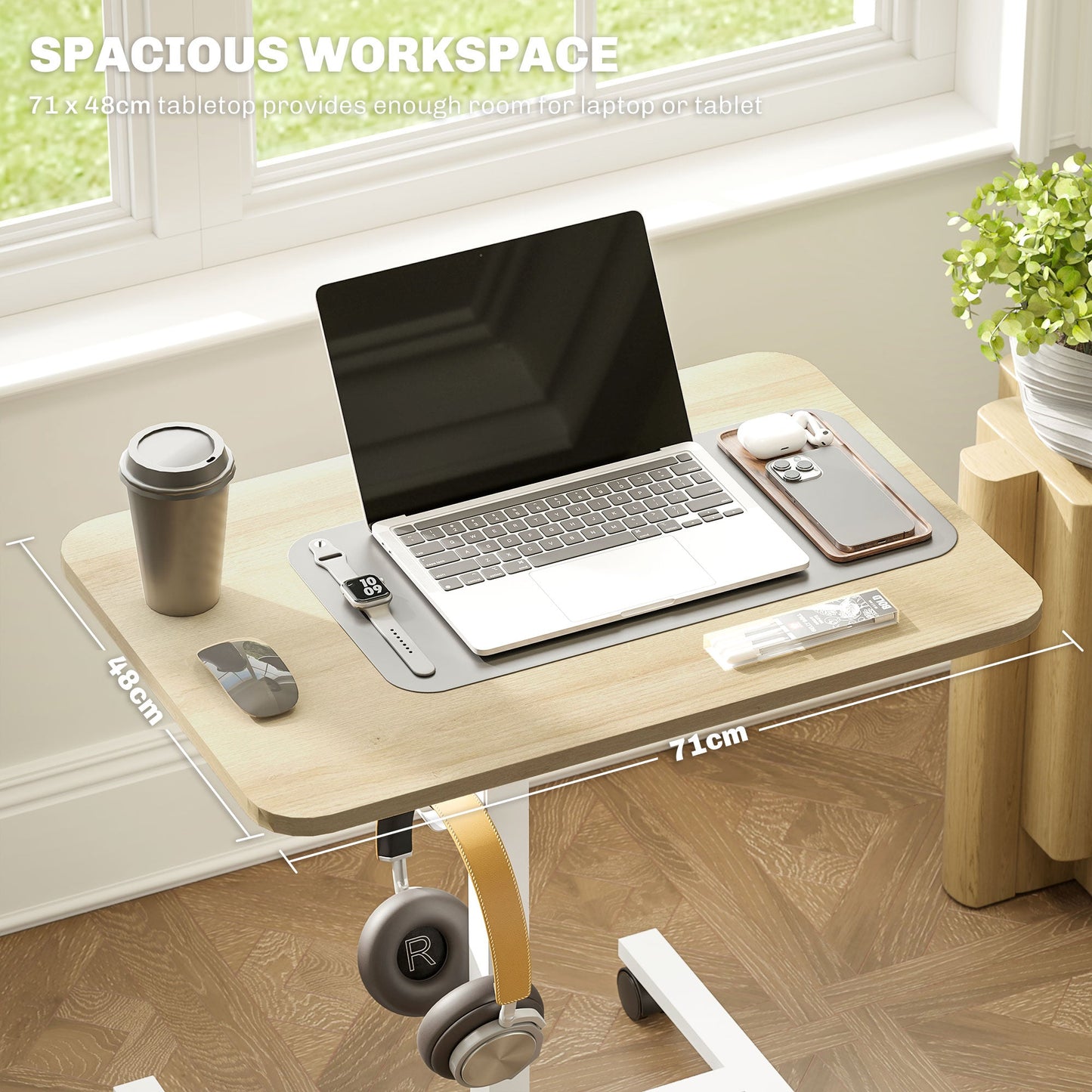 HOMCOM Height Adjustable Standing Desk, Pneumatic Sit Stand Desk for Laptop, Mobile Overbed Table with Wheels and Headphone Hook for Home Office, Natural Wood Finish