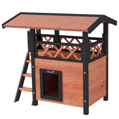 PawHut Cat House Outdoor w/ Balcony Stairs Roof, 77 x 50 x 73 cm, Brown