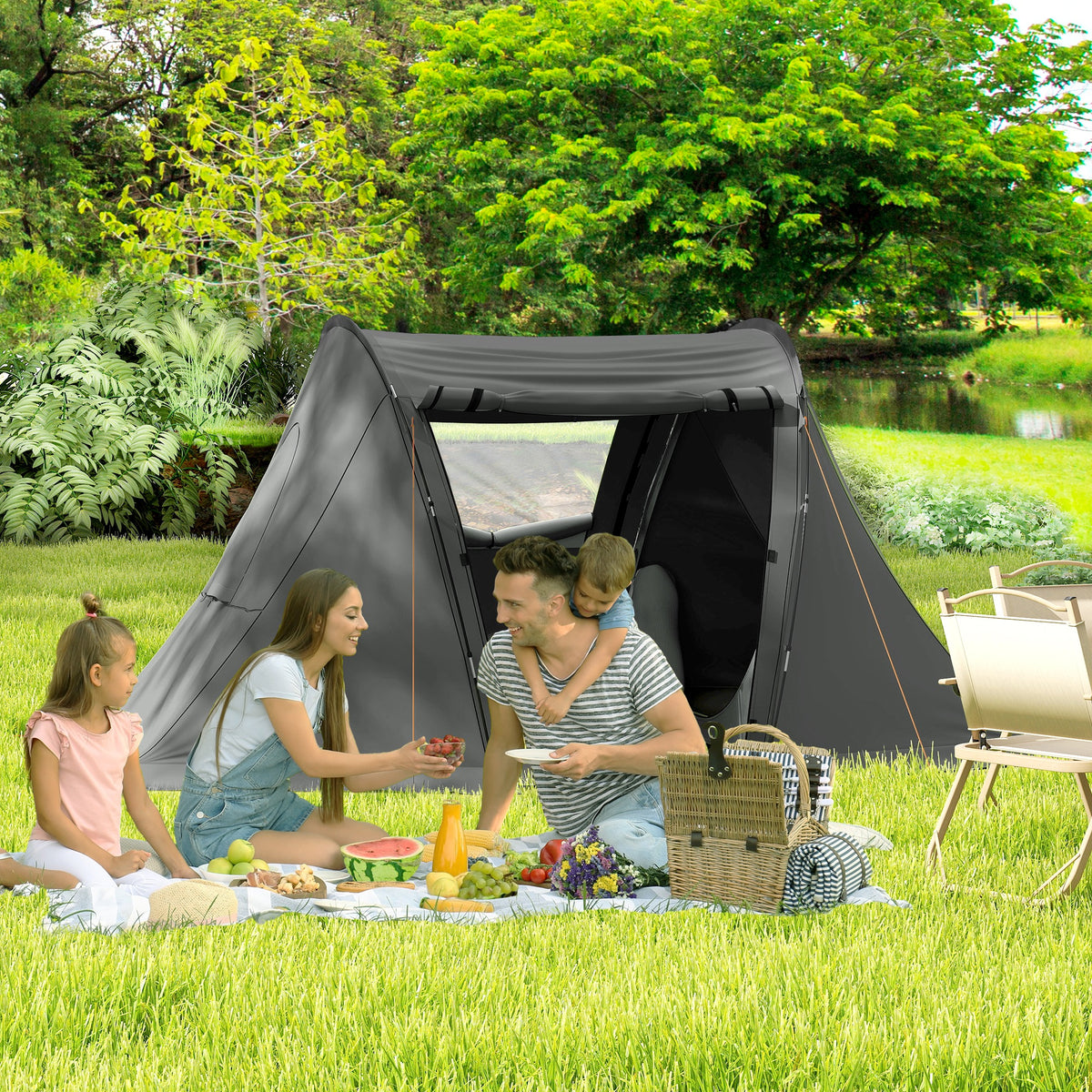 Outsunny 3 Man Camping Tent with Living Area and 2 Bedrooms, 3000mm Waterproof Family Tent with Sewn-in Groundsheet and bag, Portable Dome Shelter for Hiking, Festival, Backpacking, Drak Grey