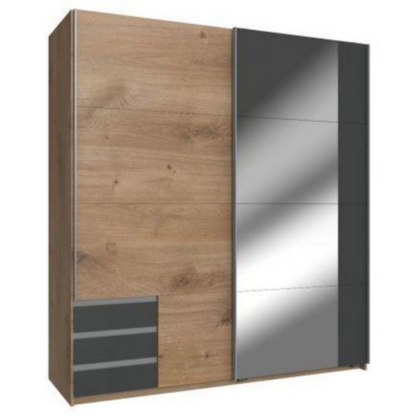 Amber Mirrored Sliding Wardrobe - Planked Oak and Graphite