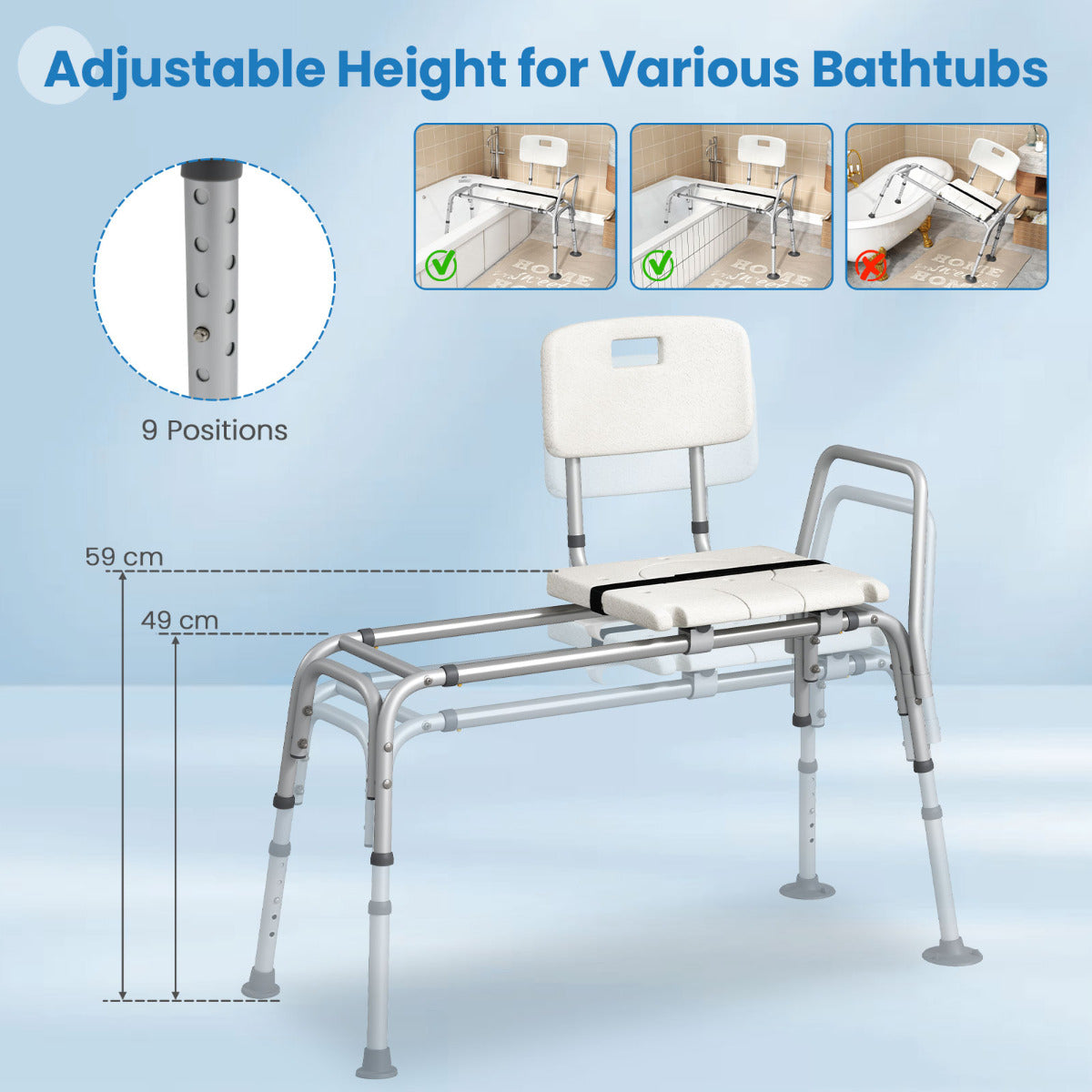 Sliding Tub Transfer Bench Adjustable Inside Bathtub Chair with Safety Belt