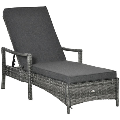 Outsunny Patio Rattan Sun Lounger, Dual Wicker Weave Outdoor Single Reclining Chair Furniture, 5-Level Adjustable Backrest w/ Removeable & Washable Cushion, Mixed Grey