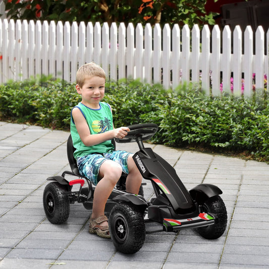 HOMCOM Metalowy dziecięcy gokart na pedały z regulowanym siedzeniem, nadmuchiwane opony, czarny