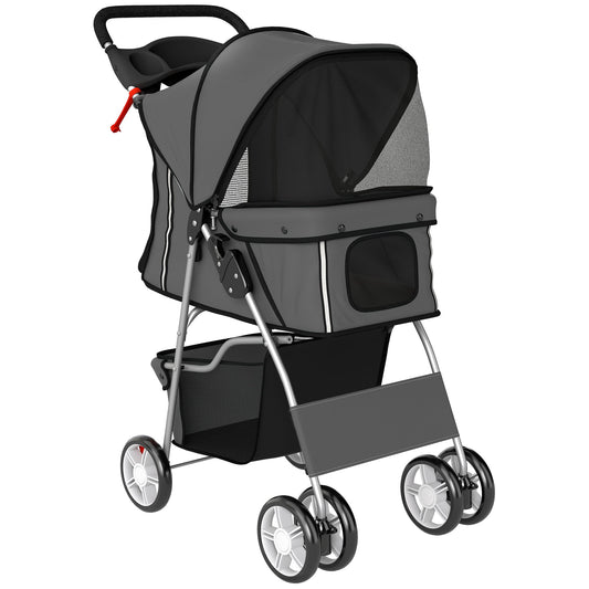 PawHut Dog Pram, Pet Stroller with Reflective Strips, Foldable Cat Stroller with 360Â° Swivel Wheels, Dark Grey