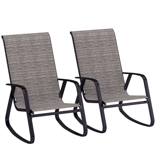 Outsunny Garden Rocking Chairs Zestaw 2, ergonomiczne zewnętrzne fotele bujane z podłokietnikami, wysokie oparcie, stalowa rama, relaksujące fotele bujane na patio, balkon, werandę, jasnobrązowy