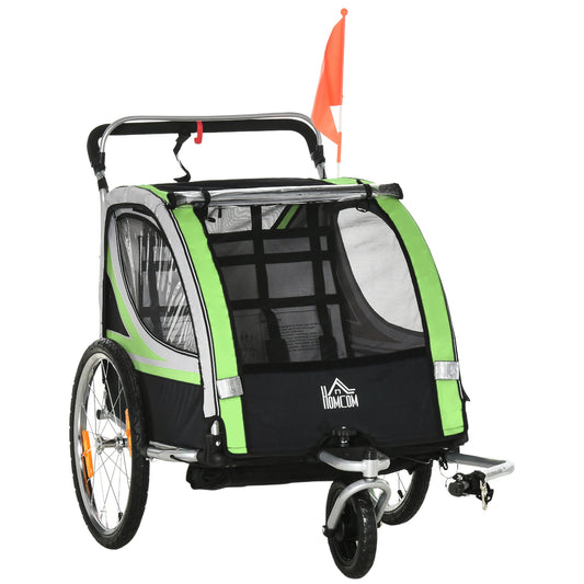 Child Bike Trailer 2 In 1 Baby Stroller 2-Seater Transport Carrier with Hitch Coupler, Brake, 5 Point Harness, Storage Bag, Reflector, Green