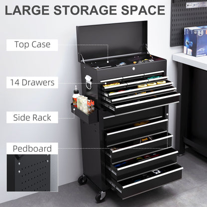 Rolling Tool Cabinet on Wheels with 14 Drawers, Pegboard and Side Rack, Lockable Top Tool Chest and Roller Cabinet Combo for Workshop and Home, Black