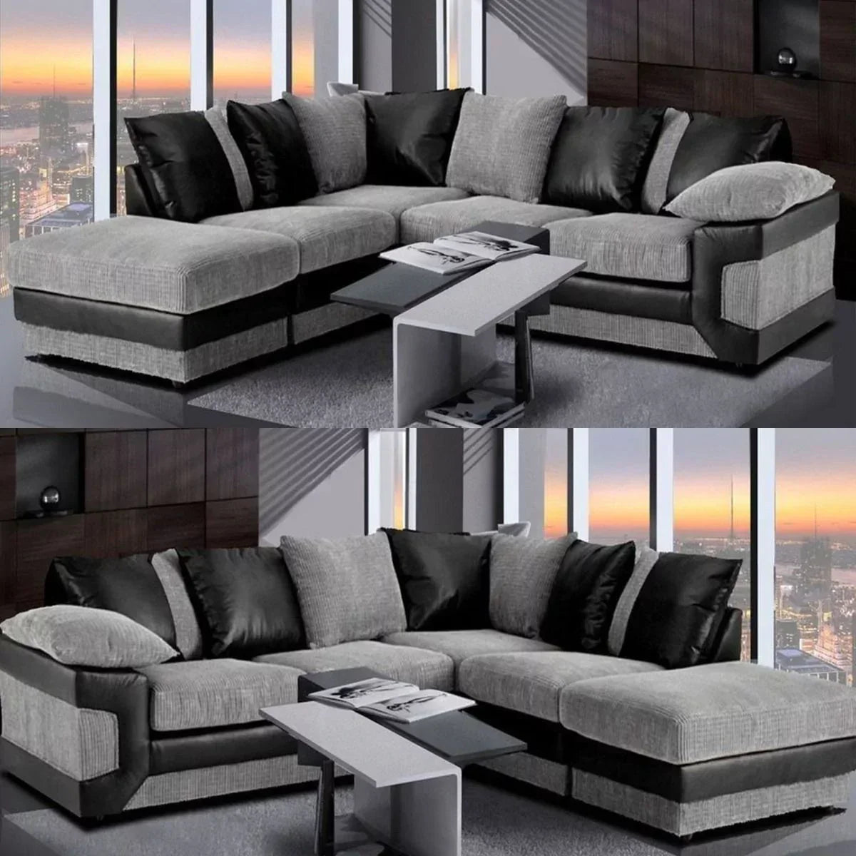 Swansea II Jumbo Cord Black and Grey Corner Sofa - Left and Right Arm