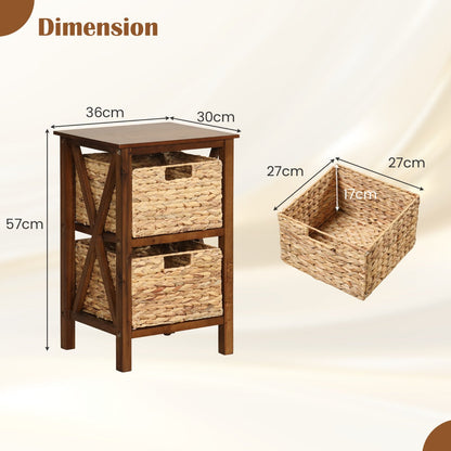 Sofa Side Table with Seagrass Baskets and Rubber Wood X-Shaped Frames and Acacia Wood Legs-Rustic Brown-2-Tier