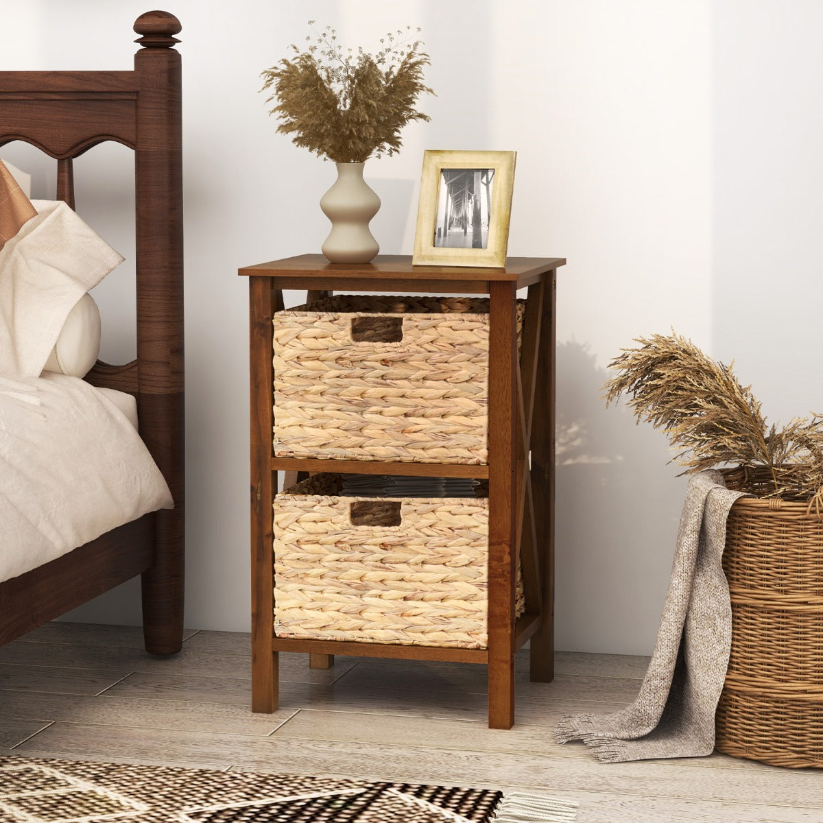 Sofa Side Table with Seagrass Baskets and Rubber Wood X-Shaped Frames and Acacia Wood Legs-Rustic Brown-2-Tier