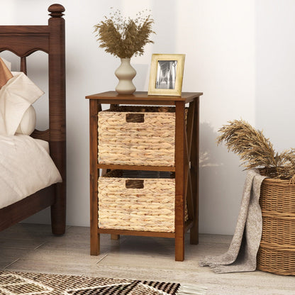 Sofa Side Table with Seagrass Baskets and Rubber Wood X-Shaped Frames and Acacia Wood Legs-Rustic Brown-2-Tier