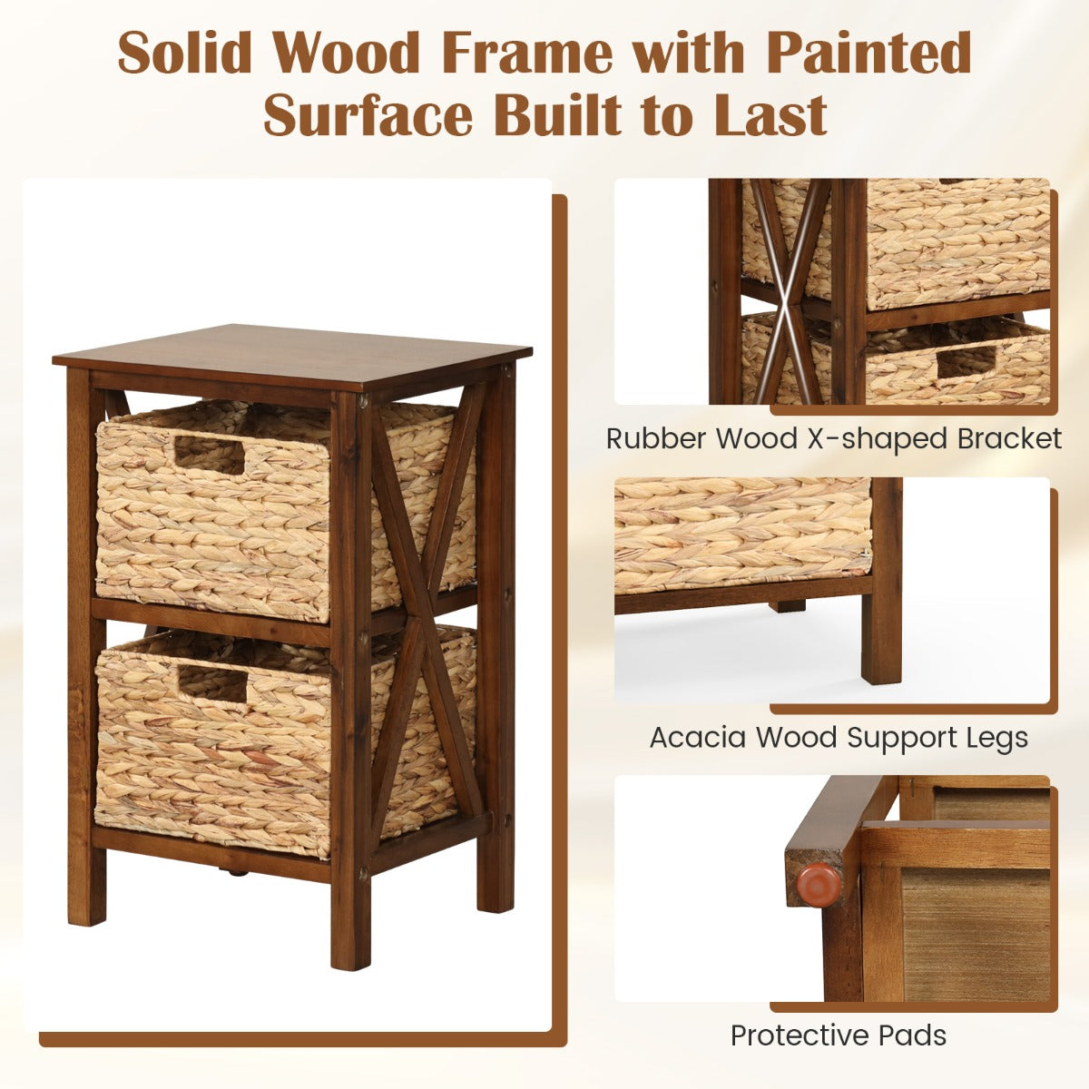 Sofa Side Table with Seagrass Baskets and Rubber Wood X-Shaped Frames and Acacia Wood Legs-Rustic Brown-2-Tier