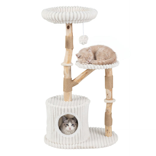 Solid Wood Cat Tree with Real Wood Branches and Scratching Posts for Indoor-Beige