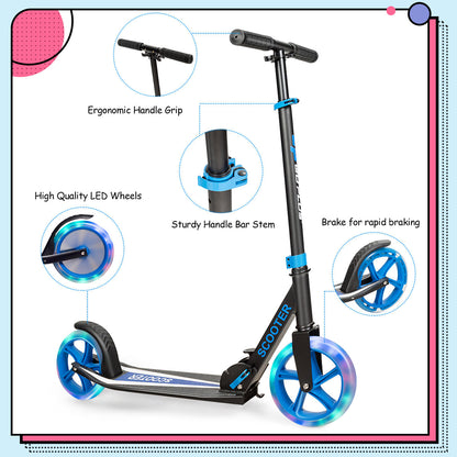 Foldable and Adjustable Kick Scooter with 2 Big Wheels and LED Lights-Blue