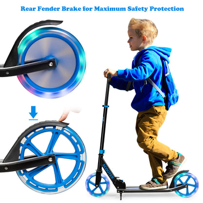 Foldable and Adjustable Kick Scooter with 2 Big Wheels and LED Lights-Blue