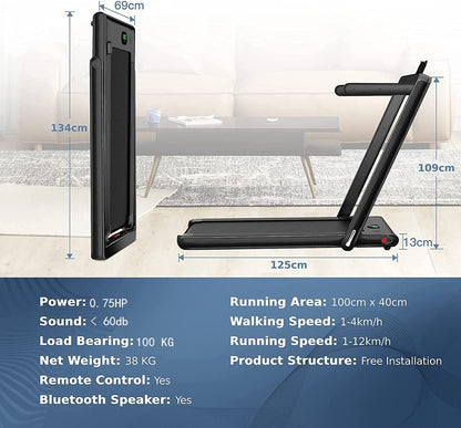 1-12Kph Folding Electric Treadmill with Bluetooth Capability-Black