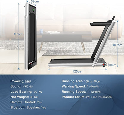 1-12Kph Folding Electric Treadmill with Bluetooth Capability-Silver