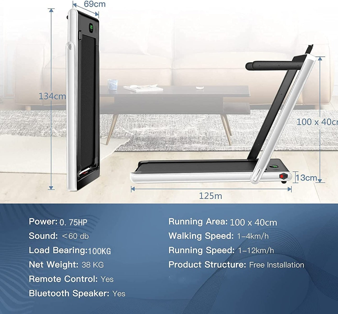 1-12Kph Folding Electric Treadmill with Bluetooth Capability-White